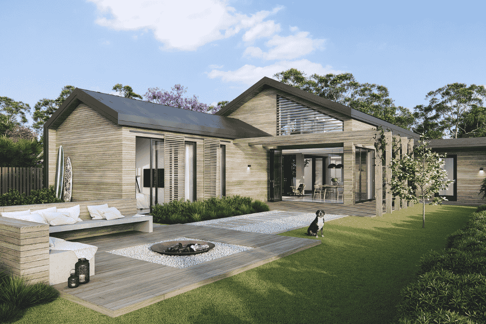Modern wooden residential home design featuring a outdoor deck area, lawn backyard and fire pit-